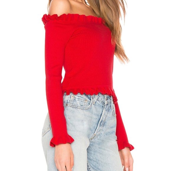Parker Gyladyce Off Shoulder Ruffle Trim Knit Sweater Strawberry Red size Large - Picture 2 of 12